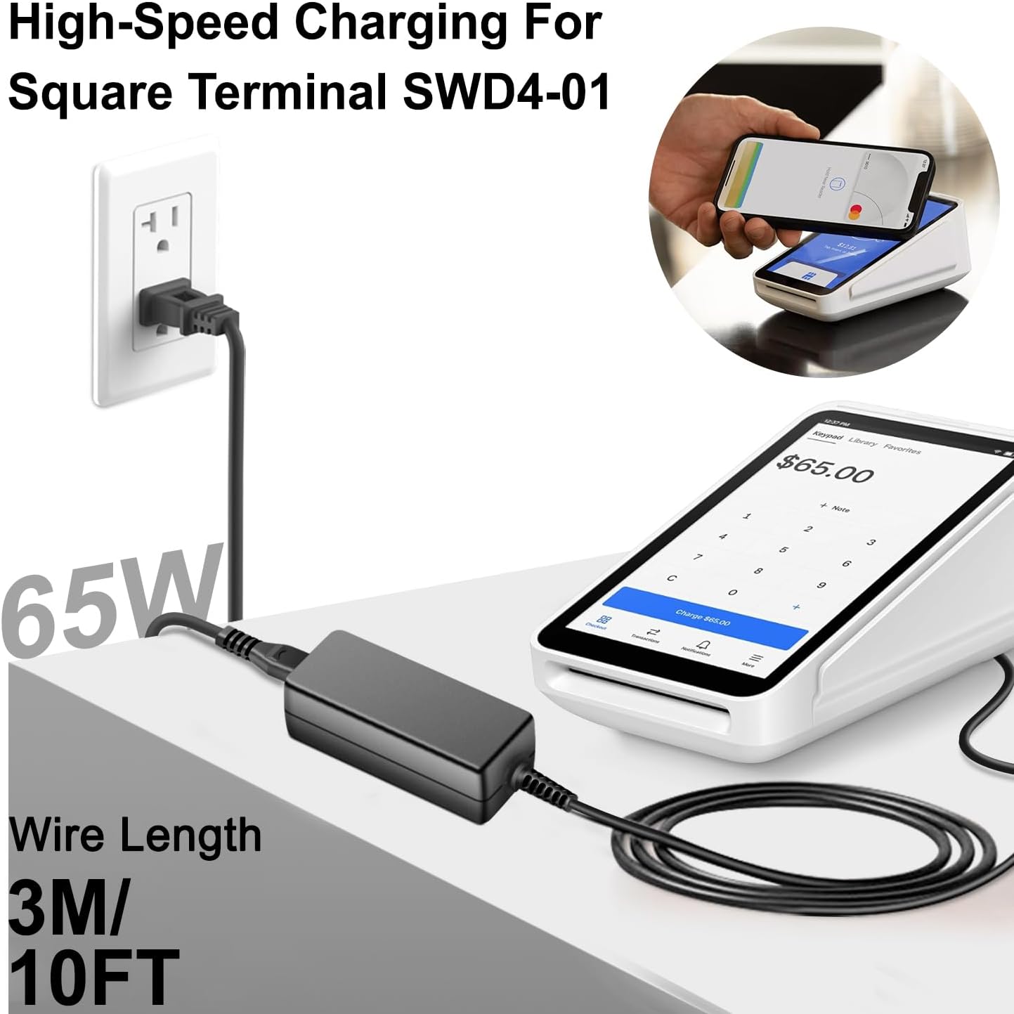 HKY 65W USB Type C Charger for Goal Zero Sherpa 100AC,Nintendo Switch 2,Square Terminal SWD4-01 SPD2-01 SPD2-01-A A-SKU-0584-A5 Contactless Magstripe Chip Reader,Peloton Bike+ Plus PL-02 Power Adapter