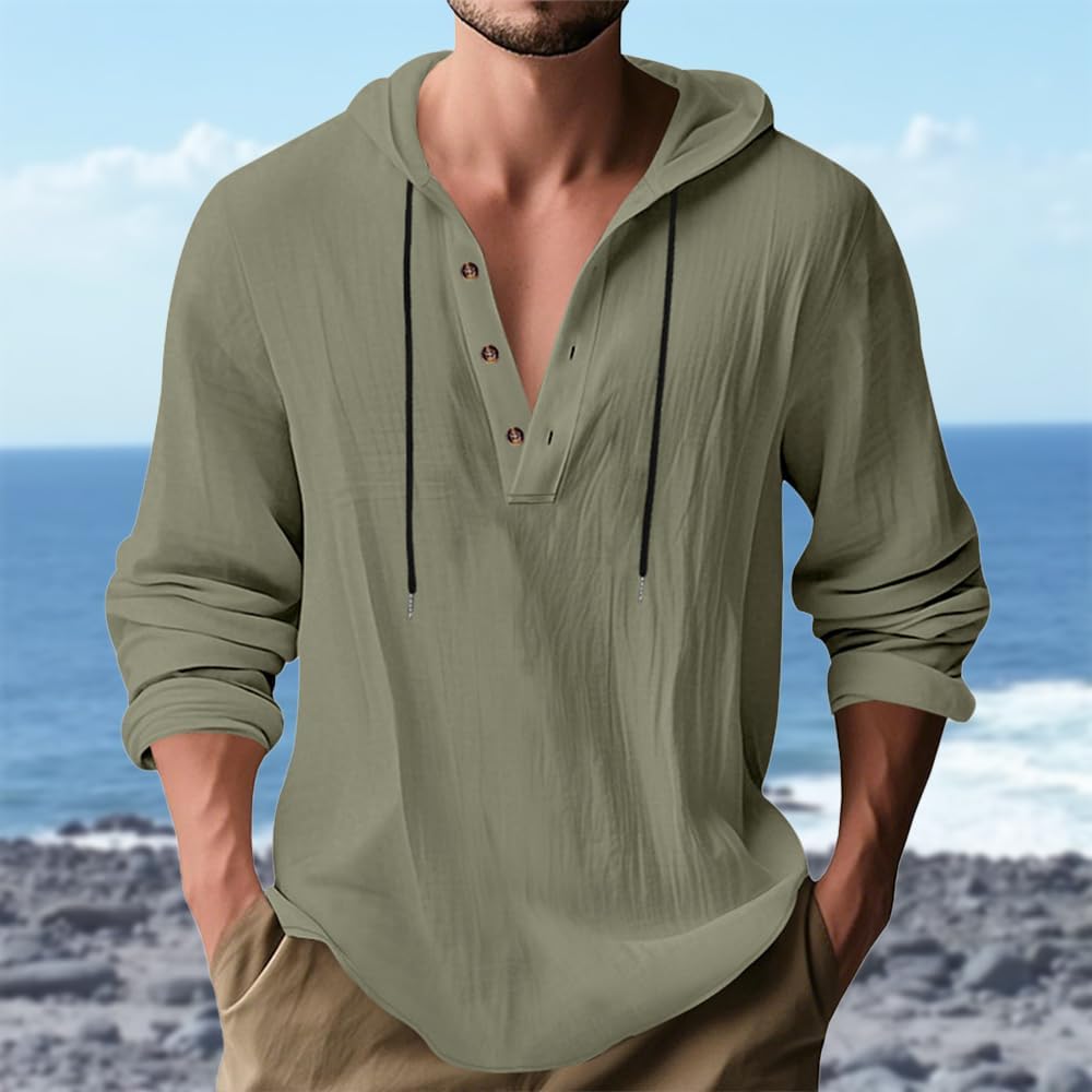 Mens Linen Henley Hoodies Long Sleeve Button Down Sweatshirts Drawstring Casual Beach Pullover Tops Fall Fashion Shirt