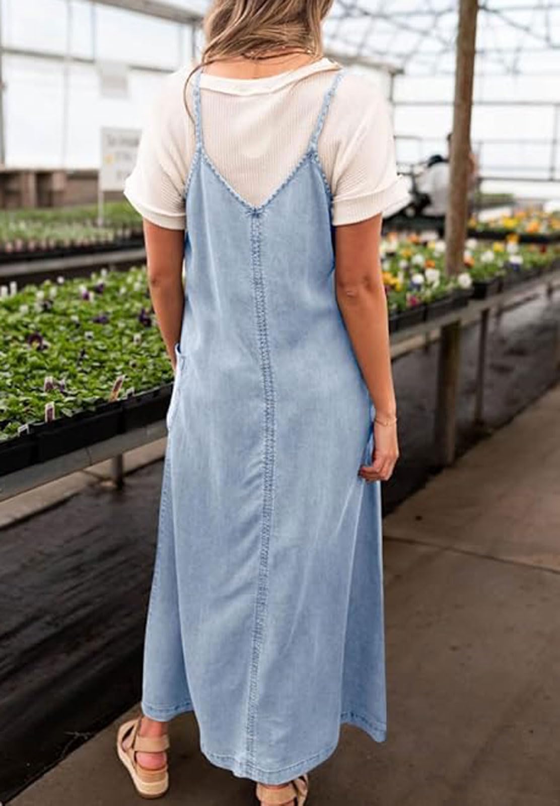 loveimgs Robe longue vintage en jean à bretelles spaghetti pour femme, robe d'été légère
