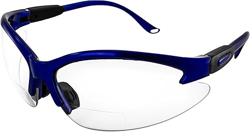 Global Vision Contender - Gafas de seguridad bifocales para hombres o mujeres, marco azul con lente transparente ANSI Z87+ 1.0 a 2.5