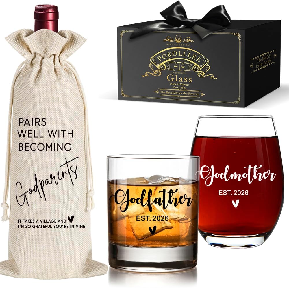 EST 2026 New Godfather Godmother Wine Glass Gifts, First Time Godfather Godmother Gifts, Godparents Proposal Gift, Pregnancy Announcement, Novelty Baptism Wine Glass Gift for Godparents