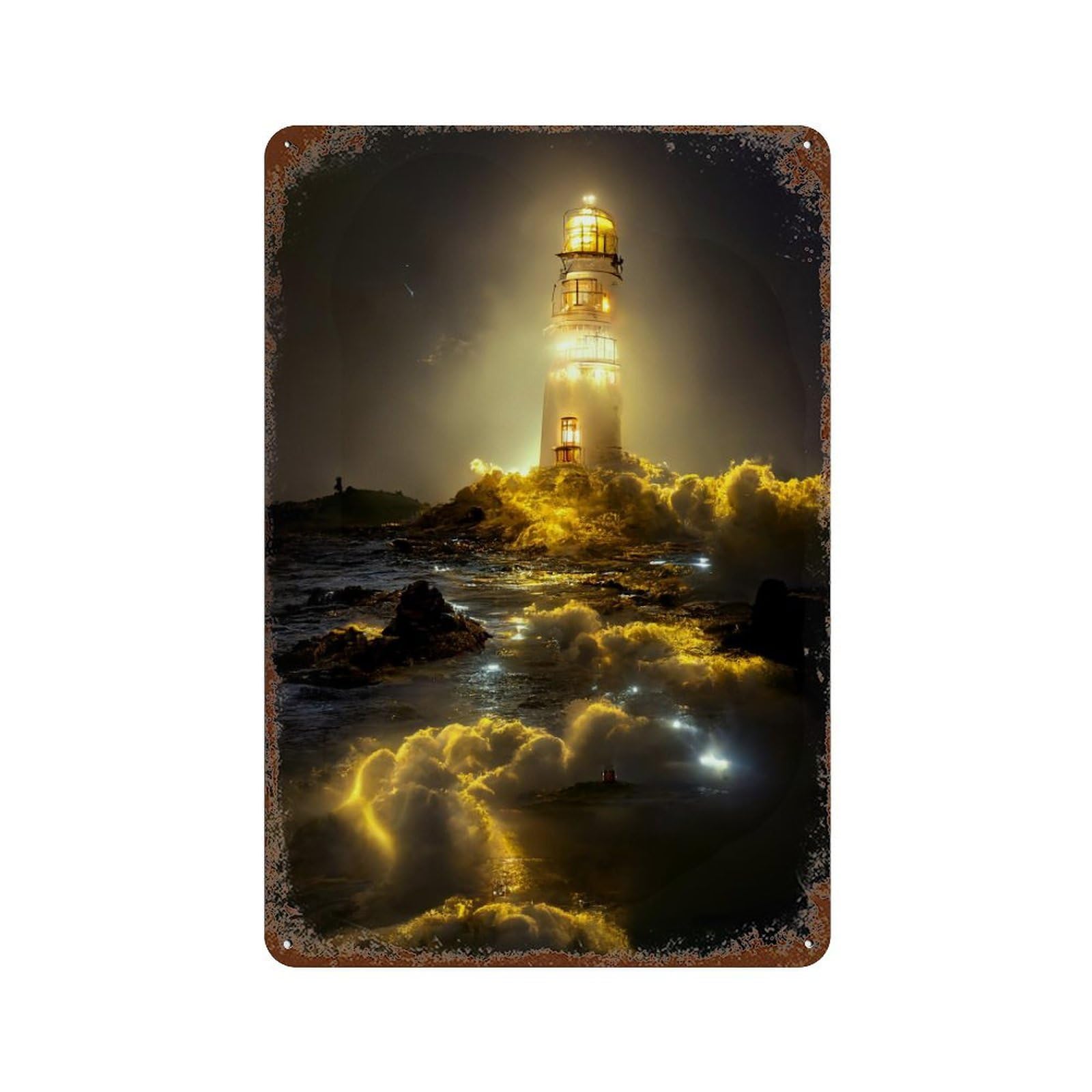 Lighthouse in Stormy Sea-2 11.8"x7.9" Weathered Tin Sign, Rustic Home Decor for Living Room, Hallway And Home Decor