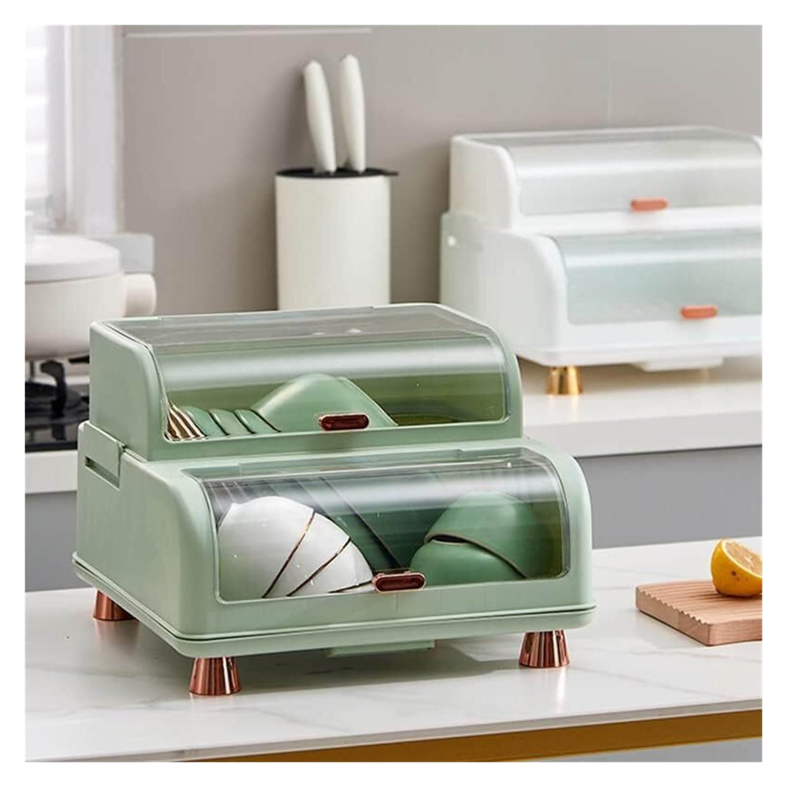 Escurridor de cubiertos de plástico con tapa – Caja de secado de platos y palillos para cocina (blanco)