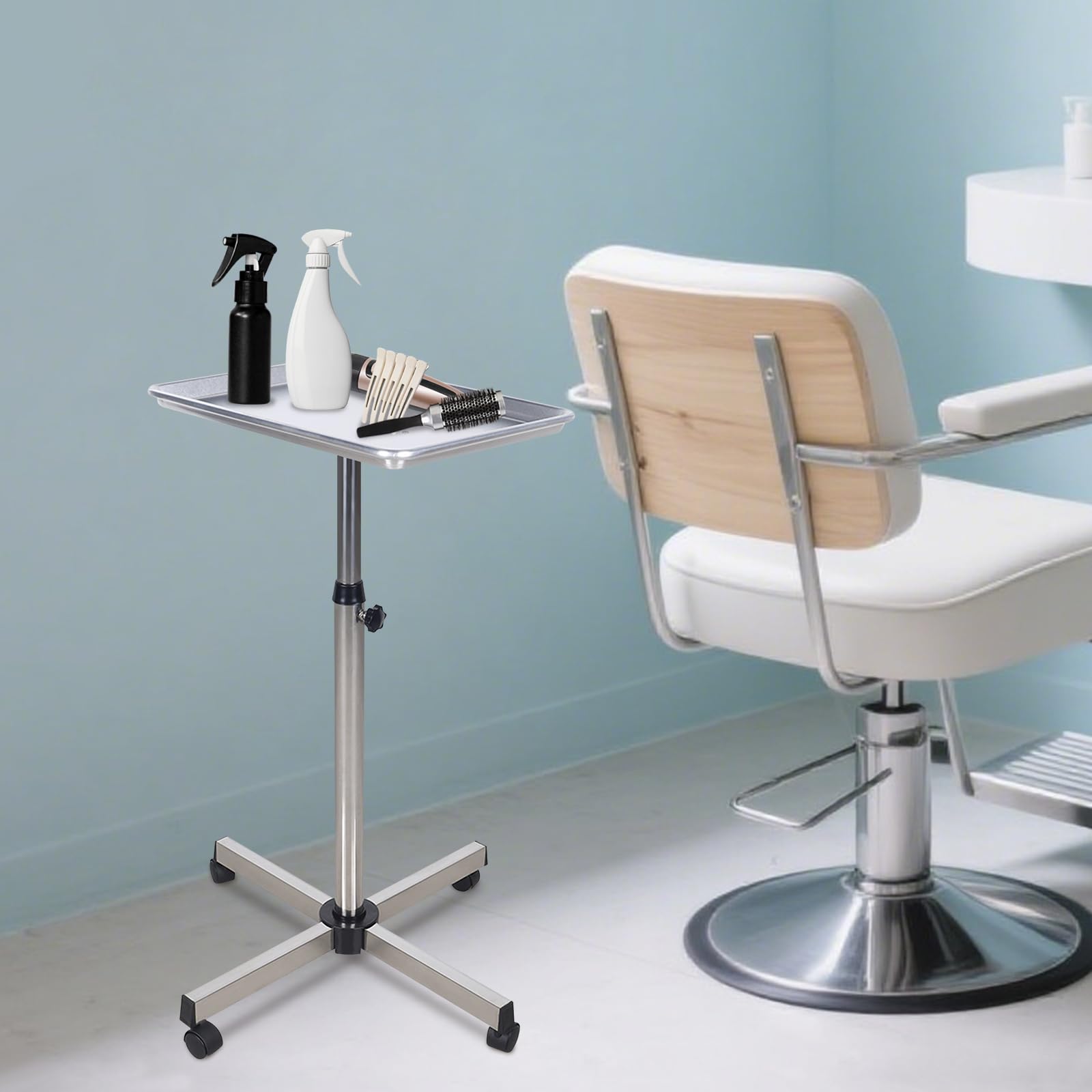 Rolling Salon Tray, organizer do salonu fryzjerskiego z kółkami, regulowana wysokość, aluminiowa tacka do salonu i tatuażu, sprzętu kosmetycznego