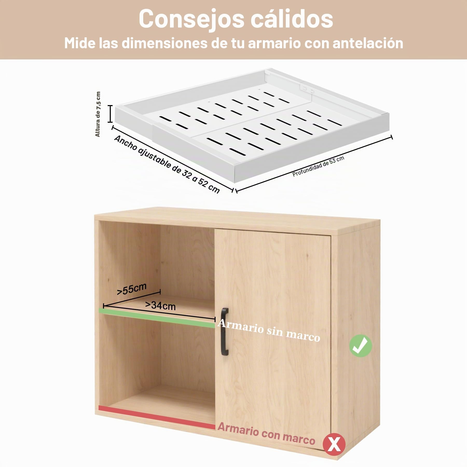 4 Pieza Cajón Telescópico para Pegar, (32-52 cm ancho × 53 cm prof. × 7,5 cm alto) Extraíble para Cocina, Organizador de Cajones de Cocina, sin Necesidad de Taladrar ni Clavar, Blanco