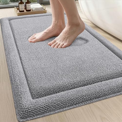 DEXI Memory Foam Bath Mat 36x24, Thick Chenille Bathroom Rug, Light Grey