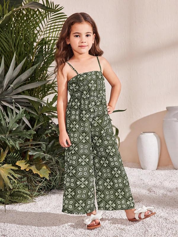 PABROS Girls Summer Two-Piece Set, Olive Green Floral Print Jumpsuit with White Cropped Shirt, Cotton Blend Resort Wear (3-4 Years) 1