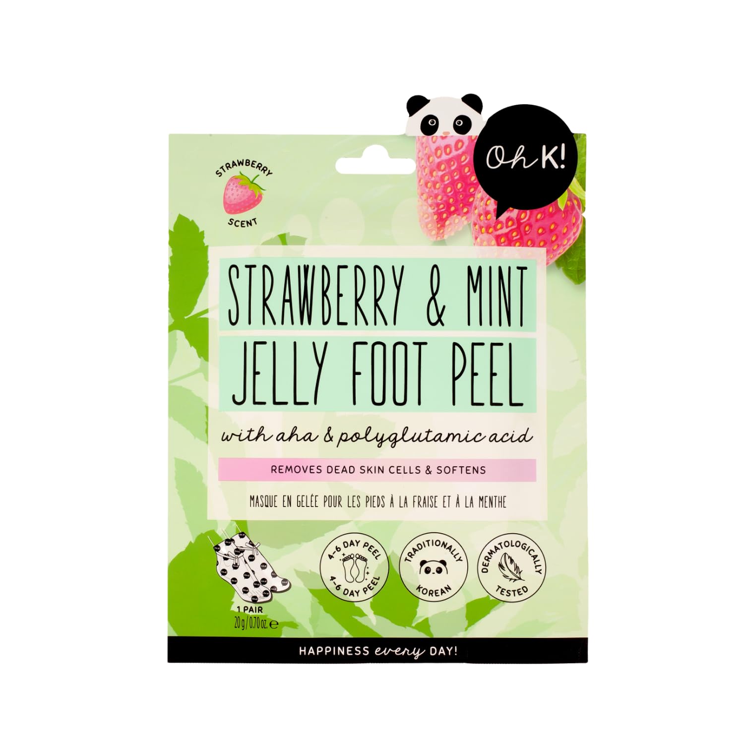 Oh K! Strawberry and Mint Jelly Foot Peel Socks with AHAs and Polyglutamic Acid, Removes Dead Skin and Softens, K Beauty, Biodegradable, Vegan and Cruelty Free, 20g