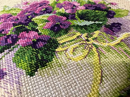 Image of RIOLIS - Violets in a Pot 2091, Cross Stitch Kits 8 inch x 8 inch, Cross Stitch Kits for Adults, Floral Counted Cross Stitch Kits, Embroidery Kit for Beginners & Advanced, Crossstitching Kits