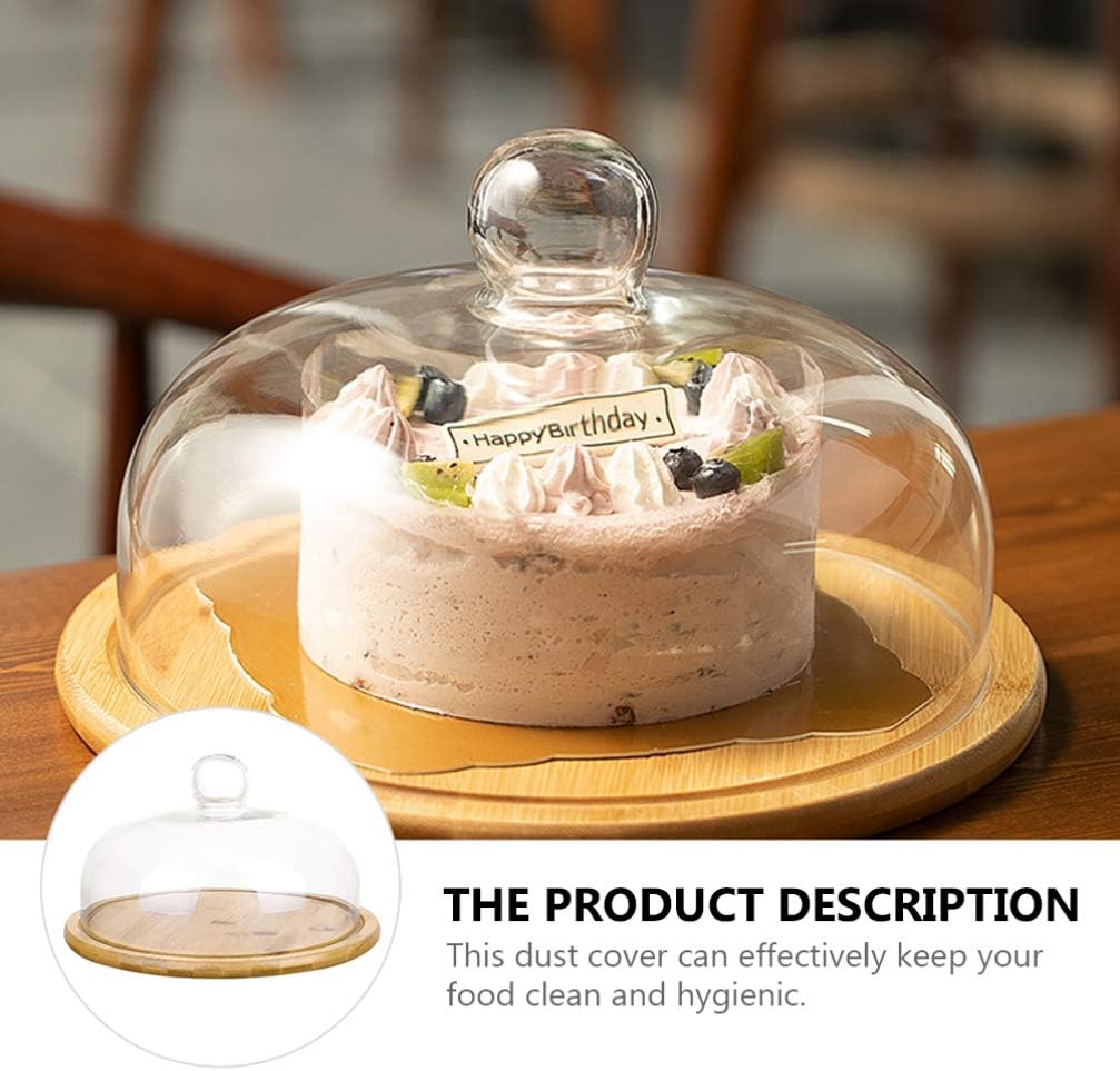 Housoutil Cake Dome Glass Cloche 8 inch Bamboo Cake Stand with Glass Dome, Tray Plate Round Plate with Lid, Holder with Clear Cover Serving Platter Food