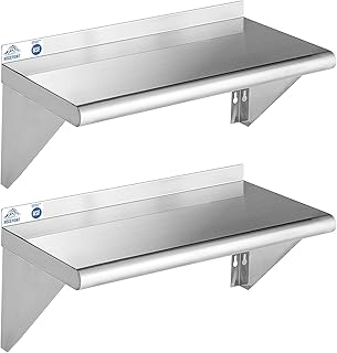 ROCKPOINT Stainless Steel Shelf 12 x 24 Inches 250lb, 2 Pack NSF Metal Commercial Shelves Wall Mount Floating Shelving with Backsplash for Restaurant, Kitchen, Home and Hotel, Silver