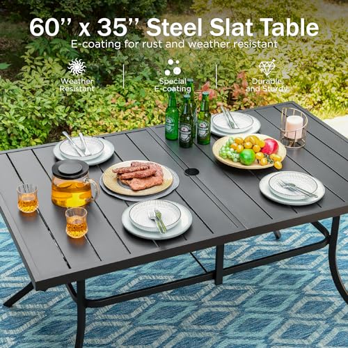 Image of PHI VILLA 7 Pcs Patio Dining Set for 6& Rectangular Metal Table | Black Metal Table with Umbrella Hole & Stacking Wrought Iron Chairs, Outside Furniture Set for Patio, Deck, Backyard, Porch
