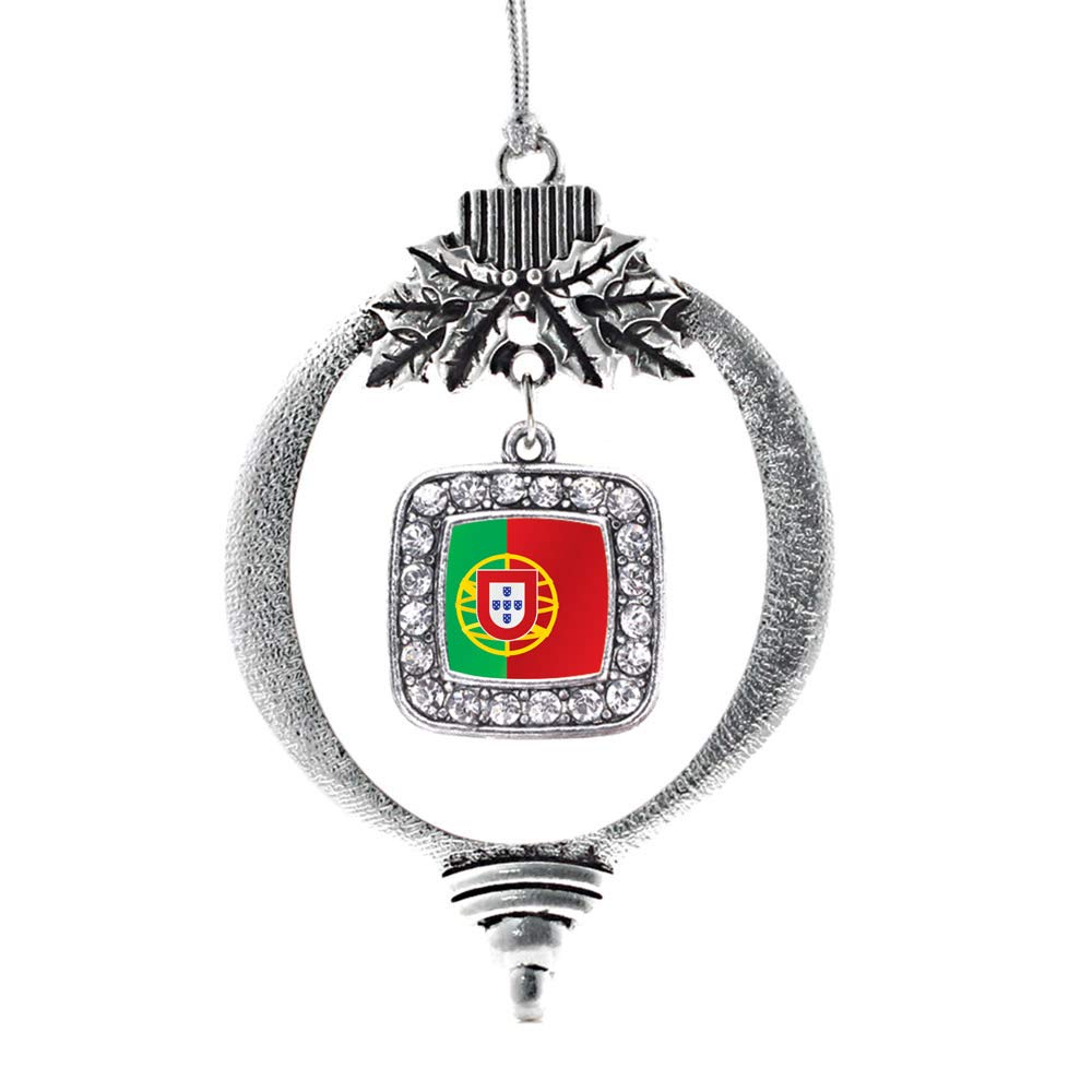 Inspired Silver - Portugal Flag - Silver Christmas Ornament - Square Charm Christmas Tree Ornament with Cubic Zirconia - Holiday Hanging Decoration