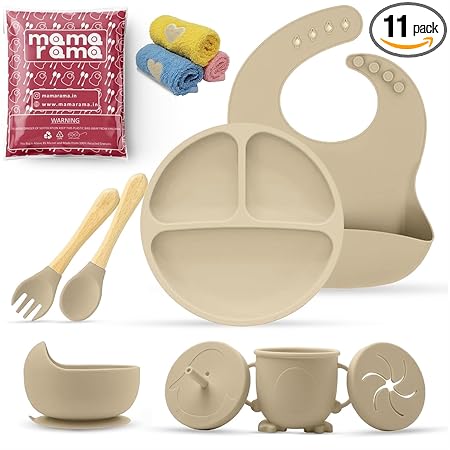 Mamarama 11 Piece Silicone Baby Feeding Set, Complete Mealtime Essentials, Includes Suction Bowl, Plate, Cup with Straw & Snack Lid, Fork, Spoon, Bib, and 3 Napkins for Babies and Toddlers (Beige)