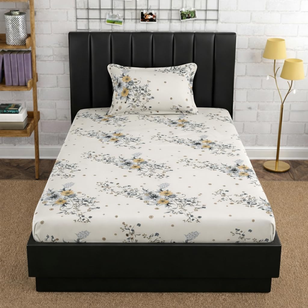 Blue Strip Polycotton Fitted Bedsheet, Single 42x75 (Sunday Morning) | 300 TC | All-Round Elastic Grip | Soft, Breathable & Colourfast | Wrinkle Resistant | Machine Washable
