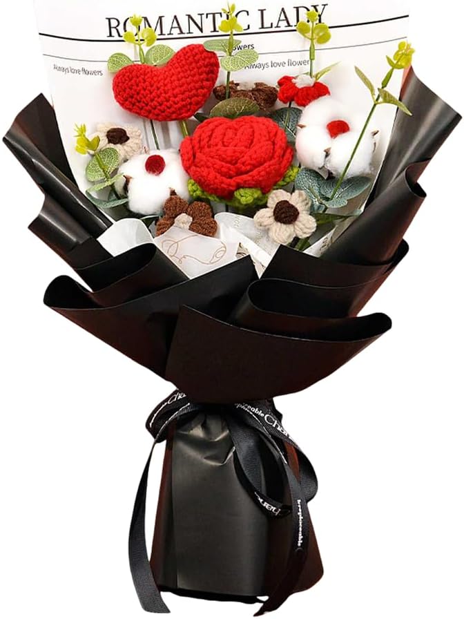 Crochet Flower Rose & Heart Bouquet Handmade Artificial Flower Knitted Bouquet for Valentine's Day Wedding Graduation Anniversary (Black)