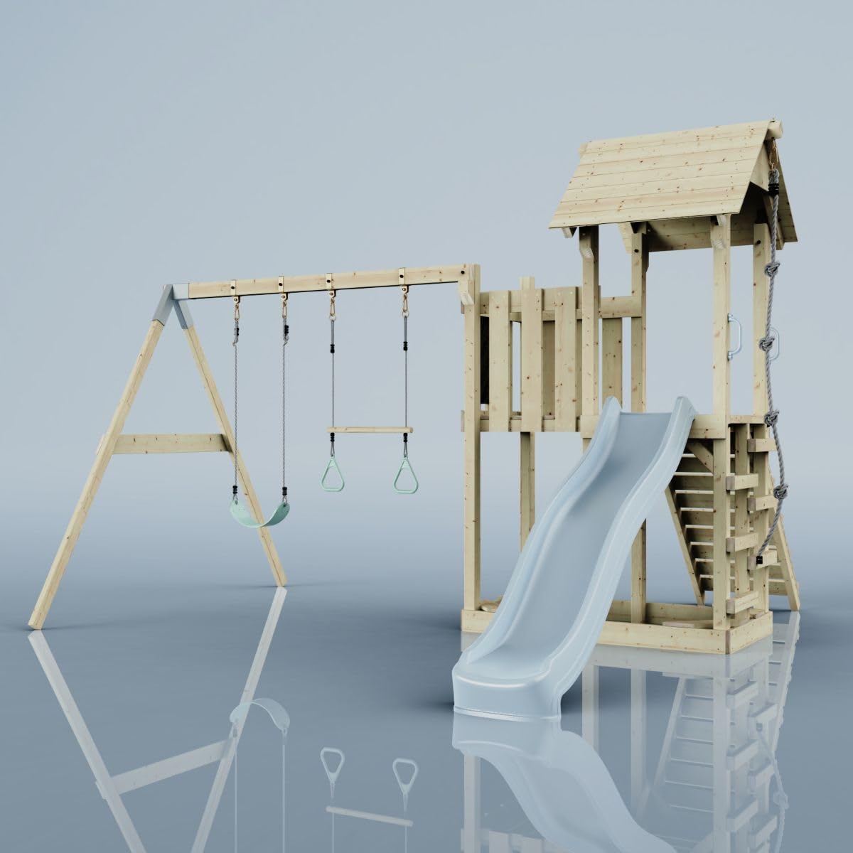 Rebo Spielturm mit Wellenrutsche, Schaukel und Trapezstange – Outdoor Klettergerüst mit Plattform