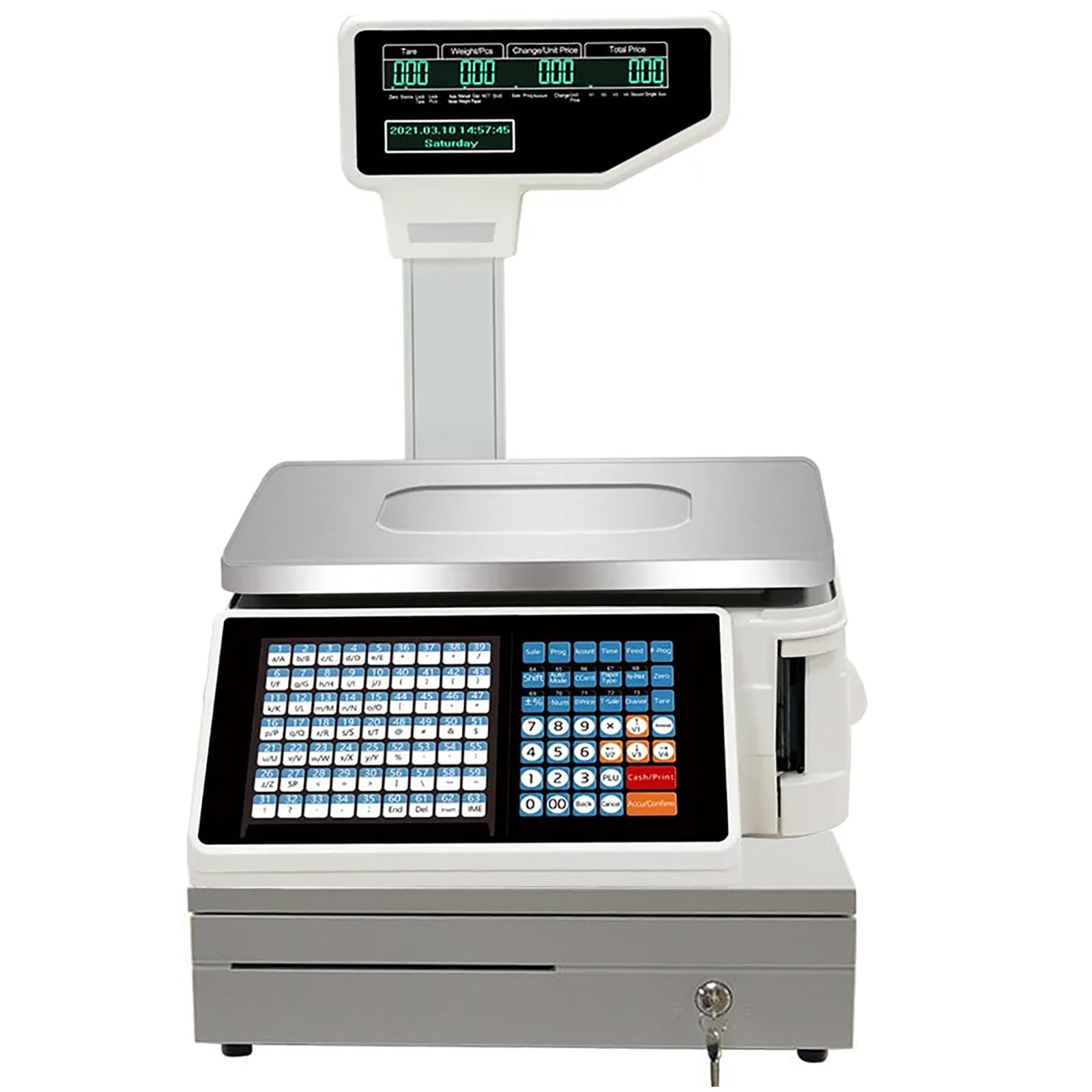 MYUYEE Label Printing Scale 30Kg/66Lbs Capacity Price Computing Scale Pole Display With Label And Receipt Printer Commercial Scale For Retail Store,Supermarket (Machine+Cashbox)