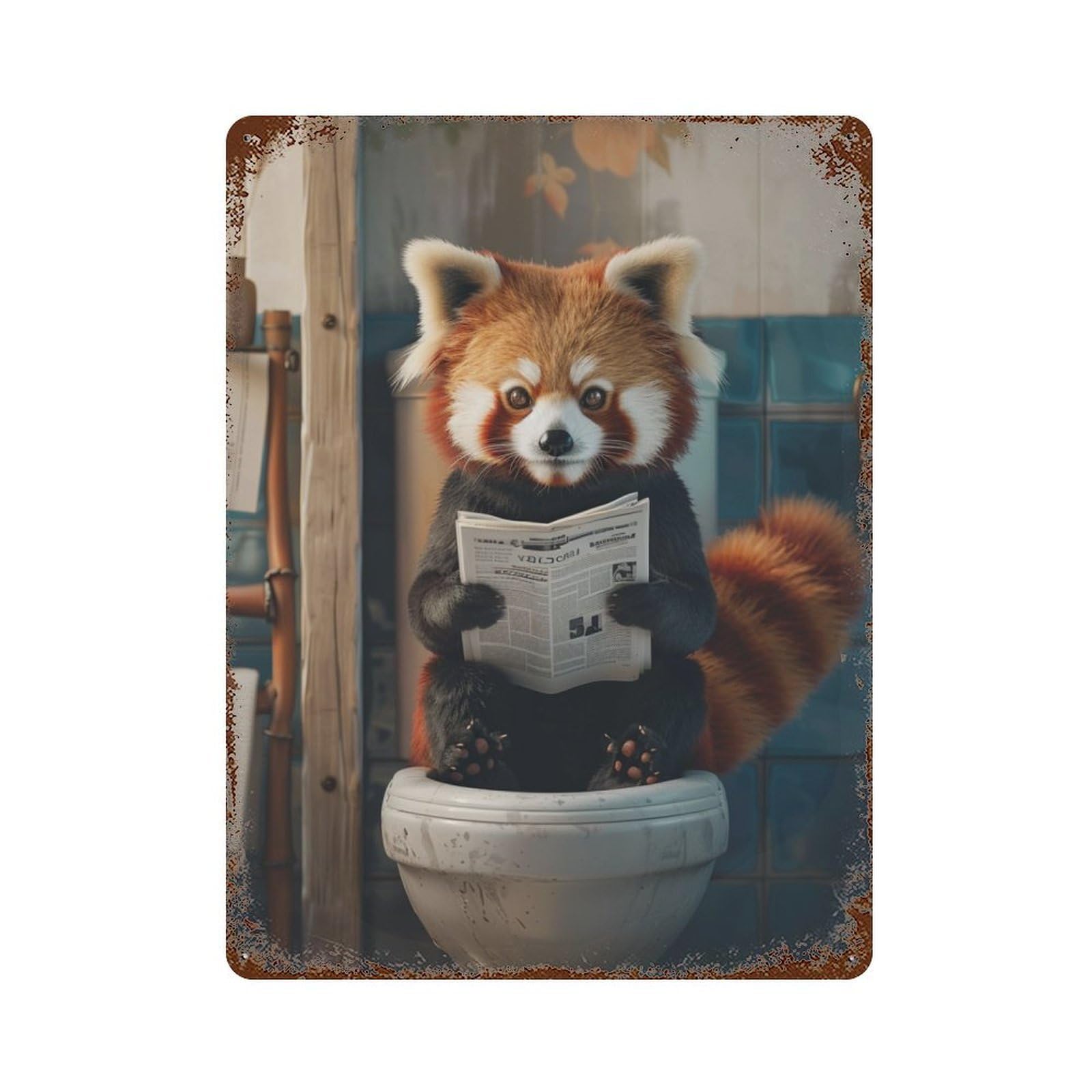 Red Panda Reading Newspaper 15.7"x11.8" Distressed Metal Wall Sign, Shabby Chic Decor for Shed, Workshop And Garage Wall Decor