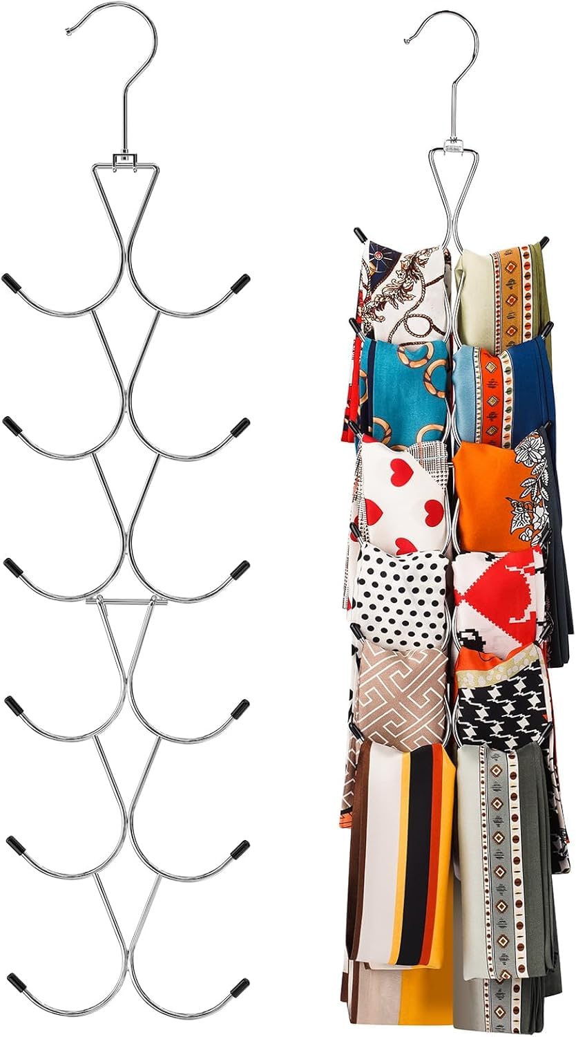 Marvelisk Silver 2 Pack Scarf Hanger With 12 Hooks, 360° Swivel Scarf Organizer For Closet, Metal Storage Hangers For Scarves, Shawls, Belts, Purses & Baseball Caps, Space Saving Closet Organizer