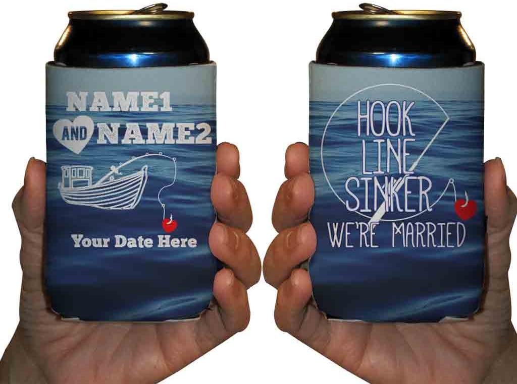 VictoryStore Can and Beverage Coolers: Customizable “Hook, Line, Sinker, We’re Married” Nautical Wedding Can Coolers - 25pc