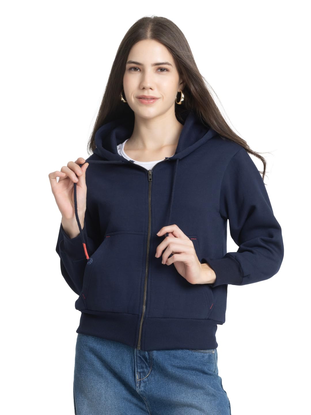 Navy Blue Hood Neck Solid Full Sleeves Casual Jackets For Women-image-2