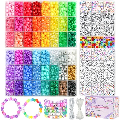 Gionlion 4200Pcs Pony Beads for Bracelet Making Kit 48 Colors Kandi Beads Bracelet Kit 2500PCS Rainbow Candy 1700PCS Friendship Letter Bead with 20 Meter Elastic Strings