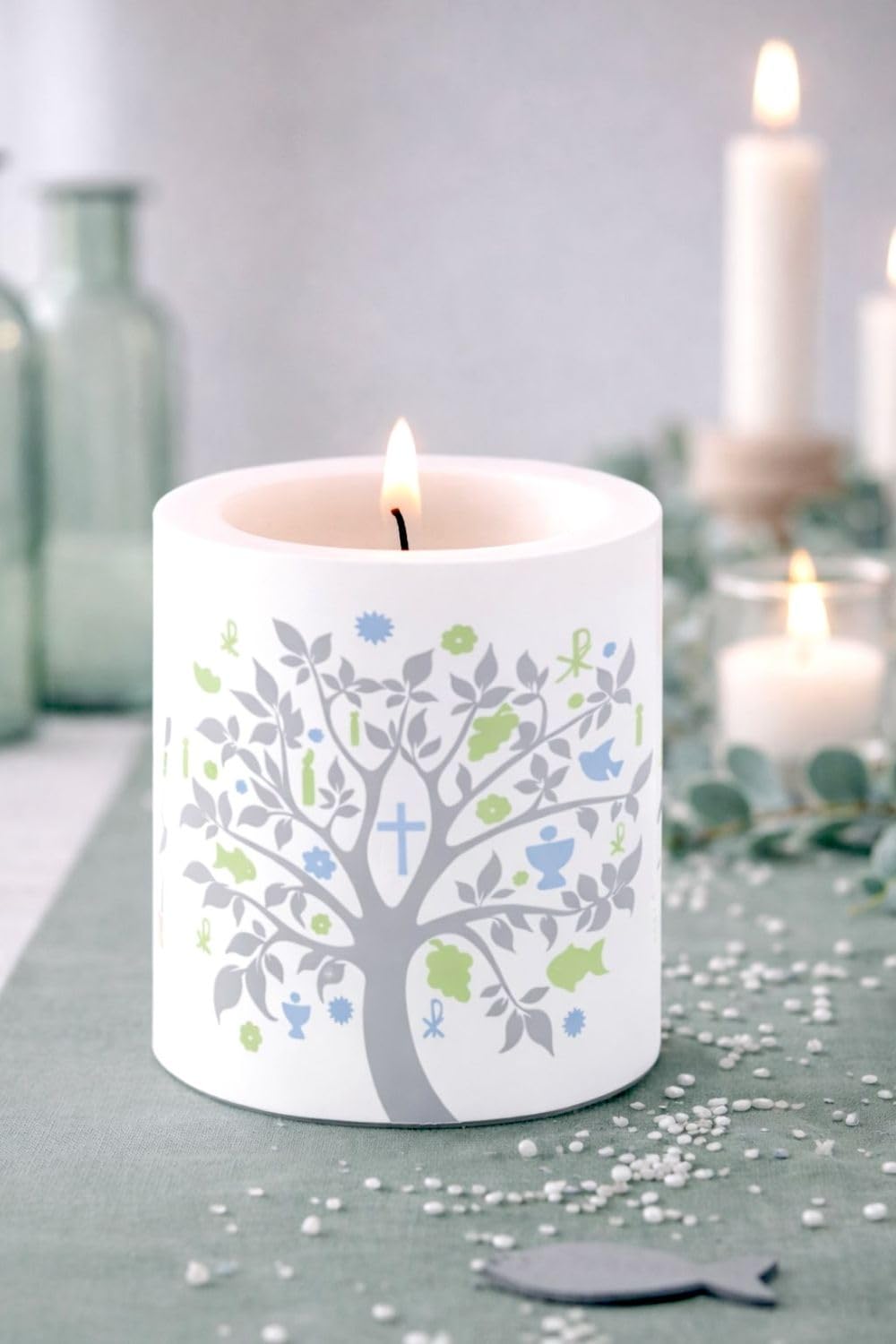 ZauberDeko Tischdeko mit Motiv Baum des Lebens Salbei Grün - Deko Kommunion & Konfirmation Komplett Set