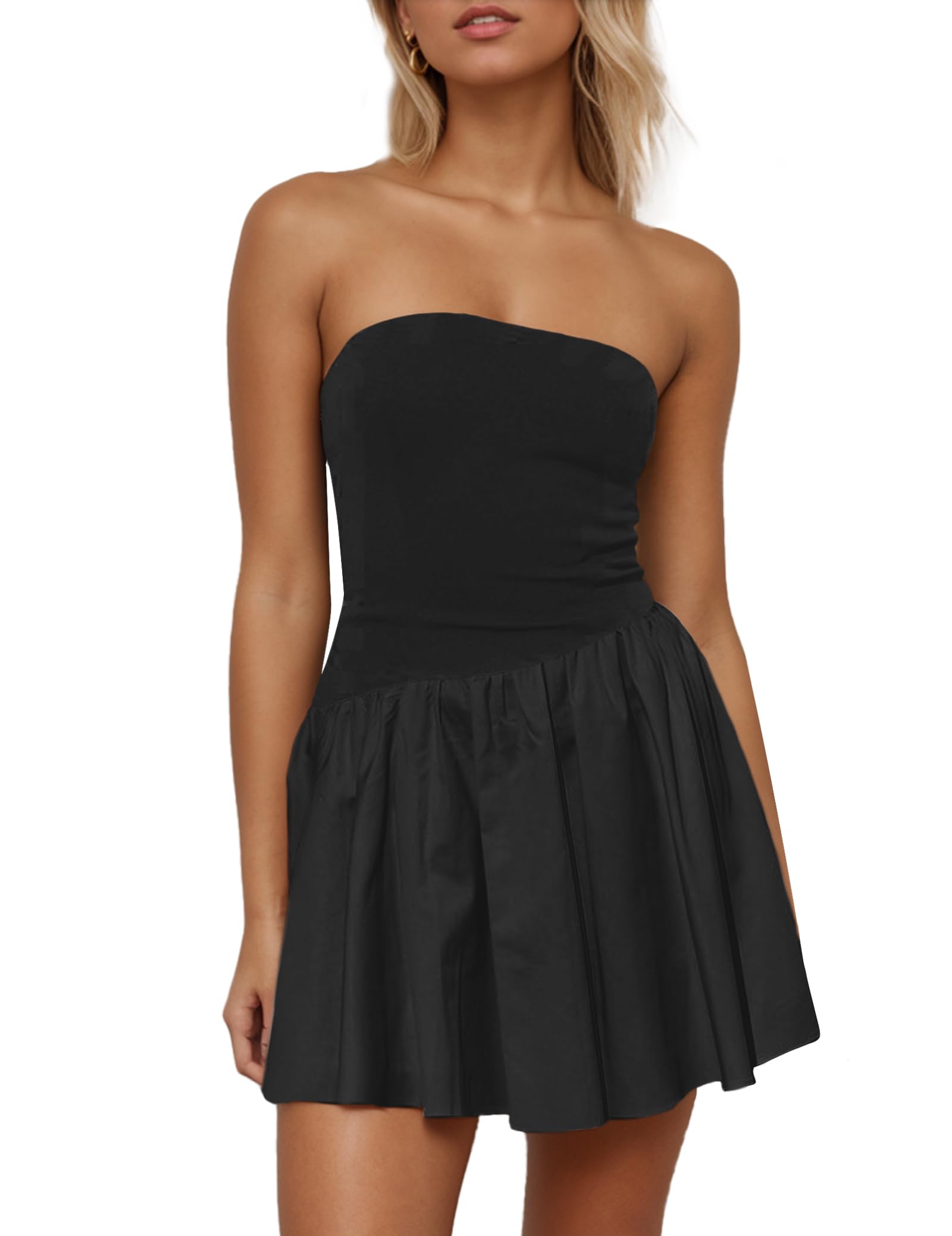 Women’s Tube Mini Dress Off Shoulder Patchwork Strapless Sleeveless Contrast Color Y2K Date Night Out Pleated Short Dress