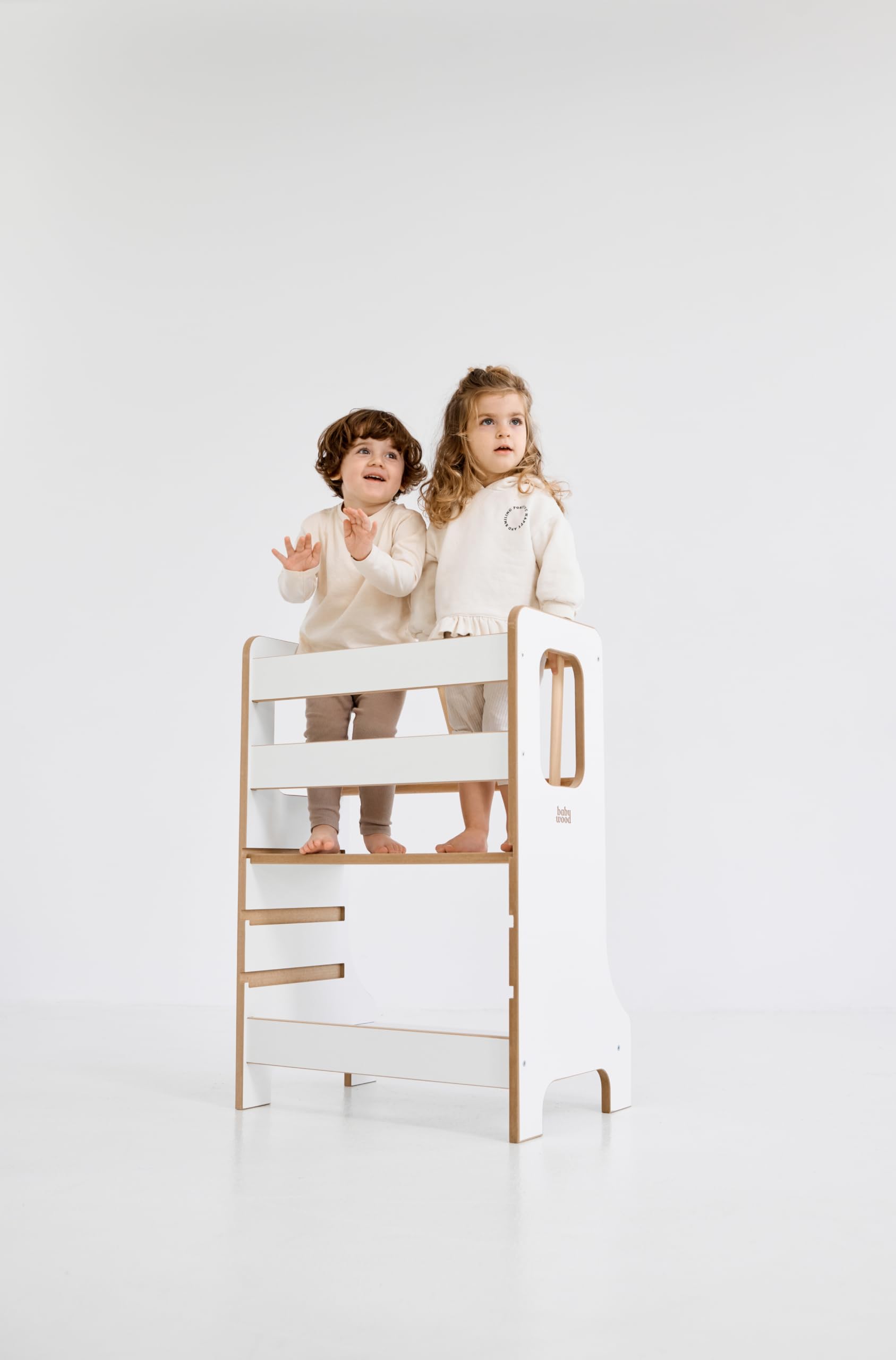 Lernturm Double Slim, Holz Lernturm für Geschwister, Entdeckungsturm für Zwei Kinder, Lernstuhl aus Holz, Learning Tower Montessori, Kitchen Helper (Weiß)