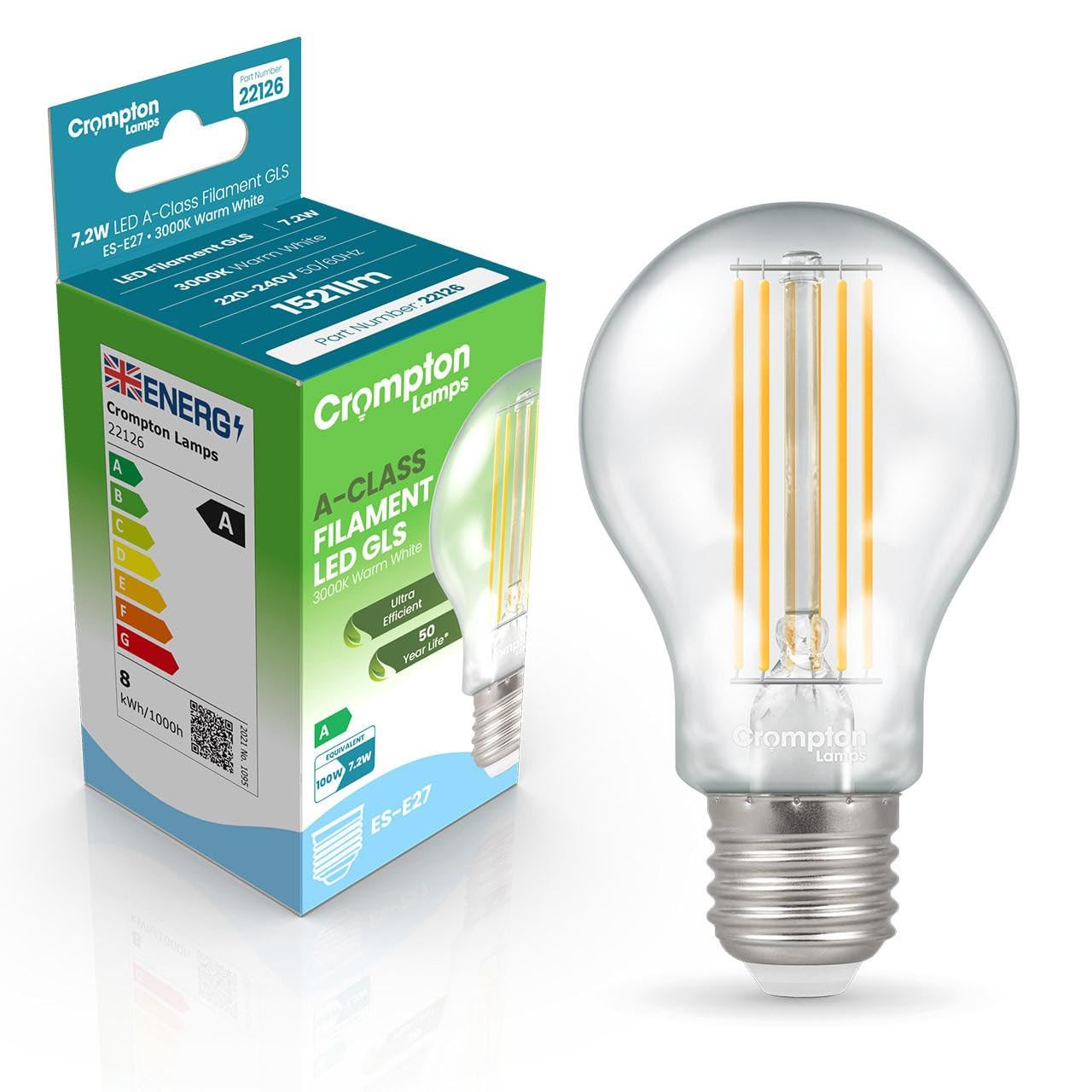 Crompton Lamps LED Ultra-Efficient GLS 7.2W ES-E27 A-Class (100W Equivalent) 3000K Warm White Clear 1521lm ES Screw E27 Energy Efficient Filament A-Rated Light Bulb