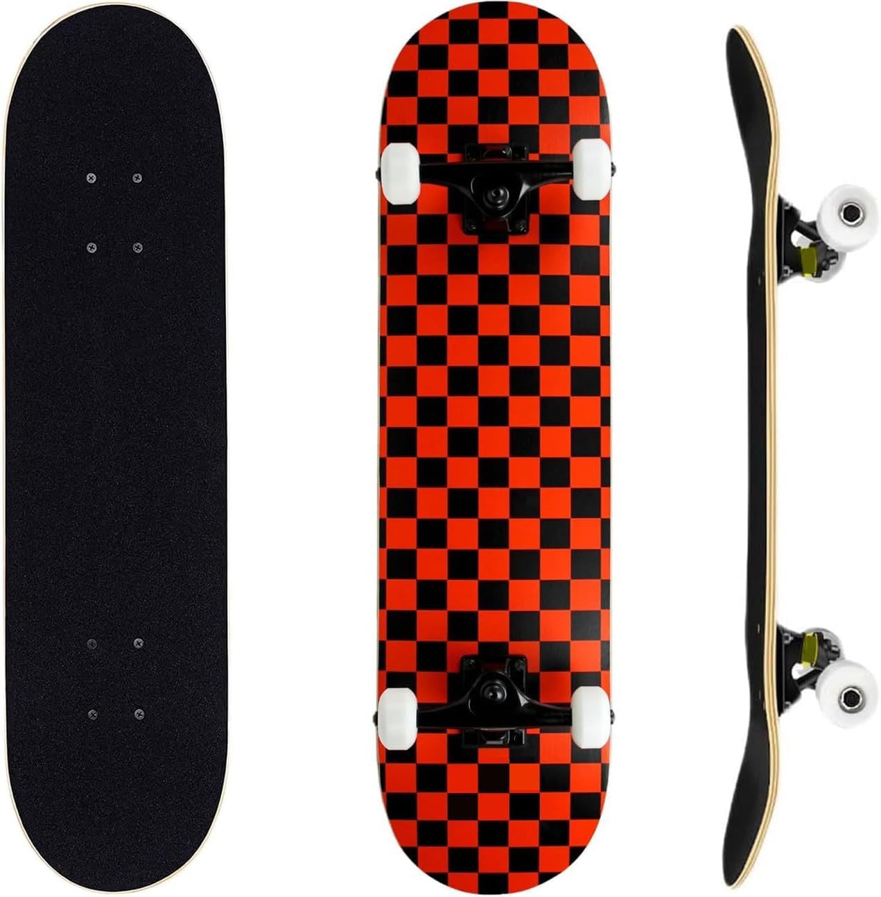 ERNAN Complete Skateboard for Beginners,31 x 8 Inch Double Kick Skateboard for Kids Teenagers & Adults. with Skate T-Tool. (Black and Red)