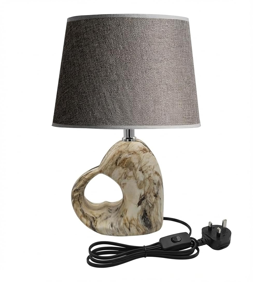 DC VOLTAGE Decorative Heart Shape Table Lamp with Grey Fabric Shade, Ceramic Base Bedside Light, 36cm Accent Lamp with UK Plug & Inline Switch – Home & Gift Use Without Bulb