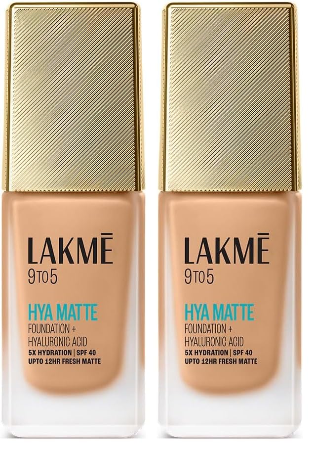 Image of LAKME 9to5 Hya Matte Foundation + Hyaluronic Acid Warm Wood - 25ml, Full coverage Liquid for all skin type (Pack of 2)