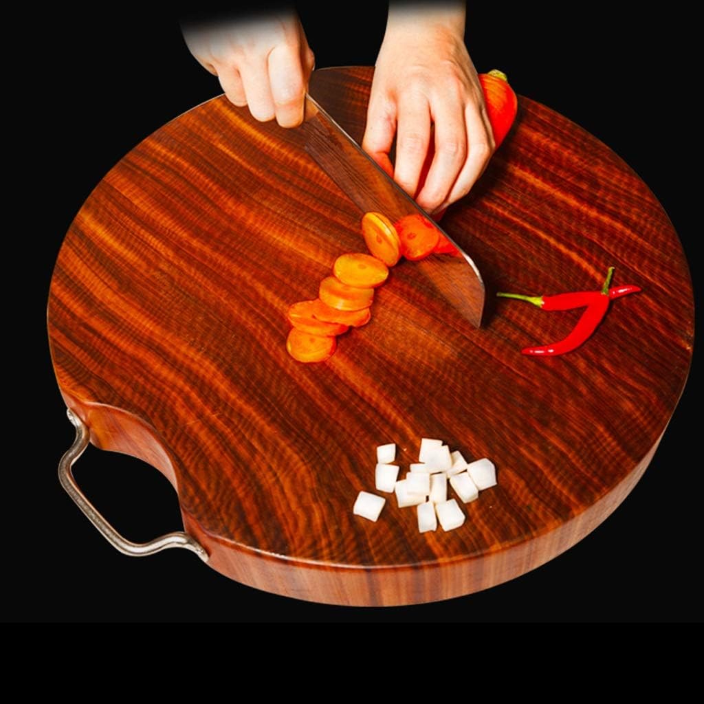 Home Reversible Cutting Board Iron Wood Round Kitchen Choing Block with Handle Wooden Carving Board for Meat and Vegetables (OneColor 39x5cm)