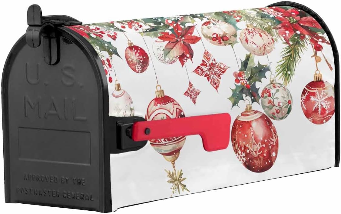 Christmas Mailbox Covers Magnetic Standard Size, Xmas Ball Snowflake Poinsettia Flower Winter Decorative Post Letter Numbers Box Wrap Decoration Covers Small Accessories for Garden Yard Outdoor Décor