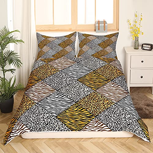 Brown Leopard Bedding Sets Patchwork Grid Cheetah Comforter Cover Safari Animals Skin Duvet Cover Set For Kids Girls Women Zebra Giraffe Tiger Print Quilt Cover 2 Pieces Bedroom Decor Twin Size #TOP28