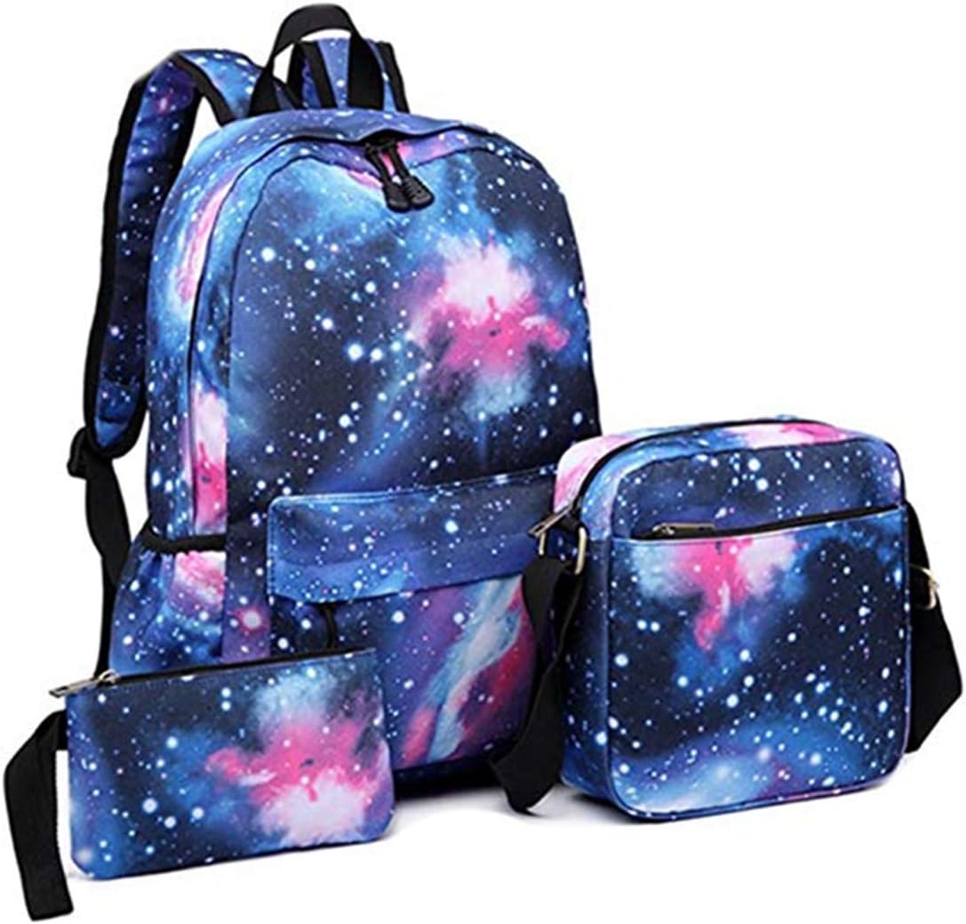 AoMoon 3Pcs Galaxy School Backpack, Student Stylish Unisex Canvas Book Bag for Teen (Dark Blue)
