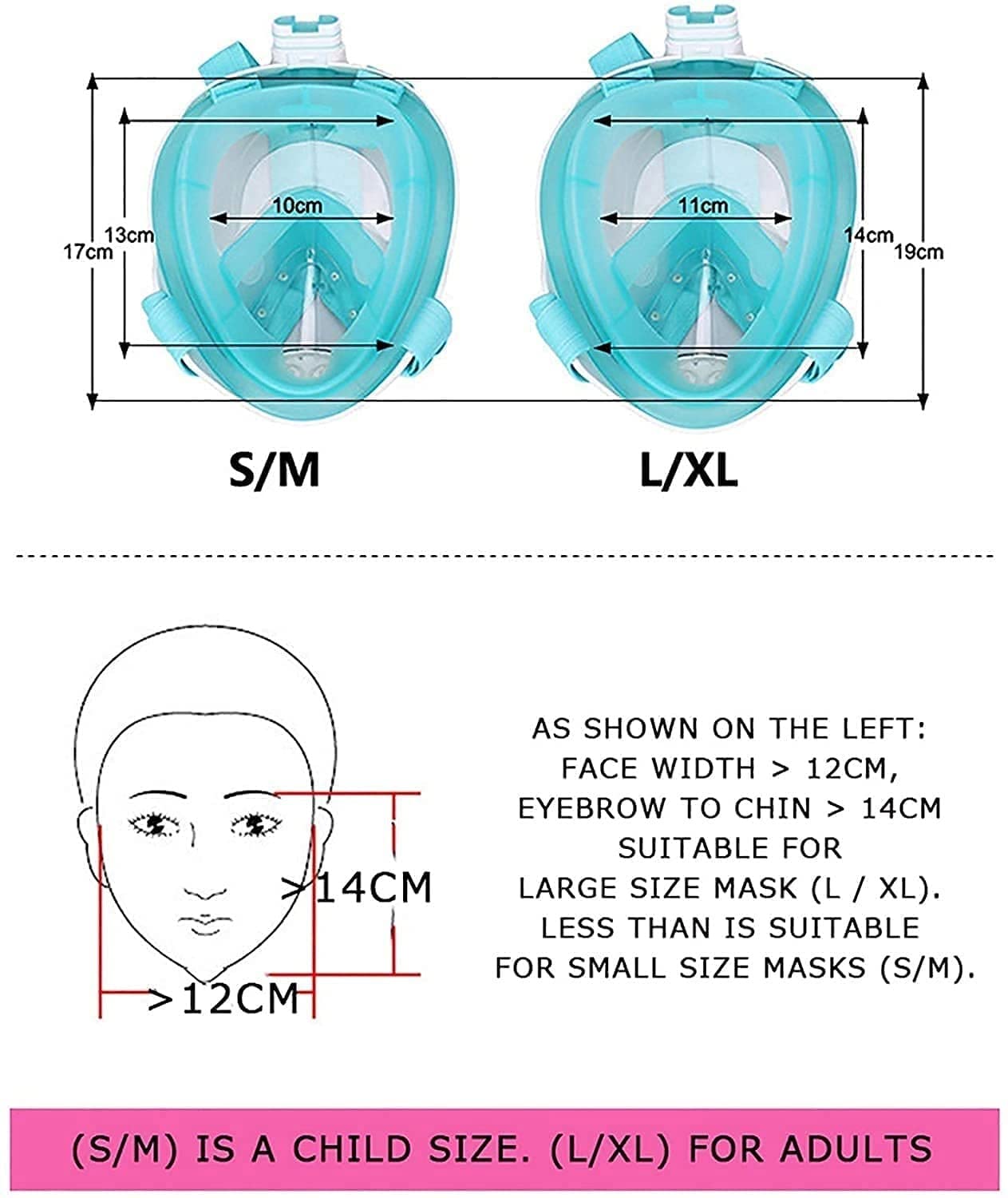 Maschere subacquee Maschera Subacquea antiappannamento Maschera Subacquea Integrale Set da Snorkeling con Anello Antiscivolo Boccaglio per Adulti e Bambini，