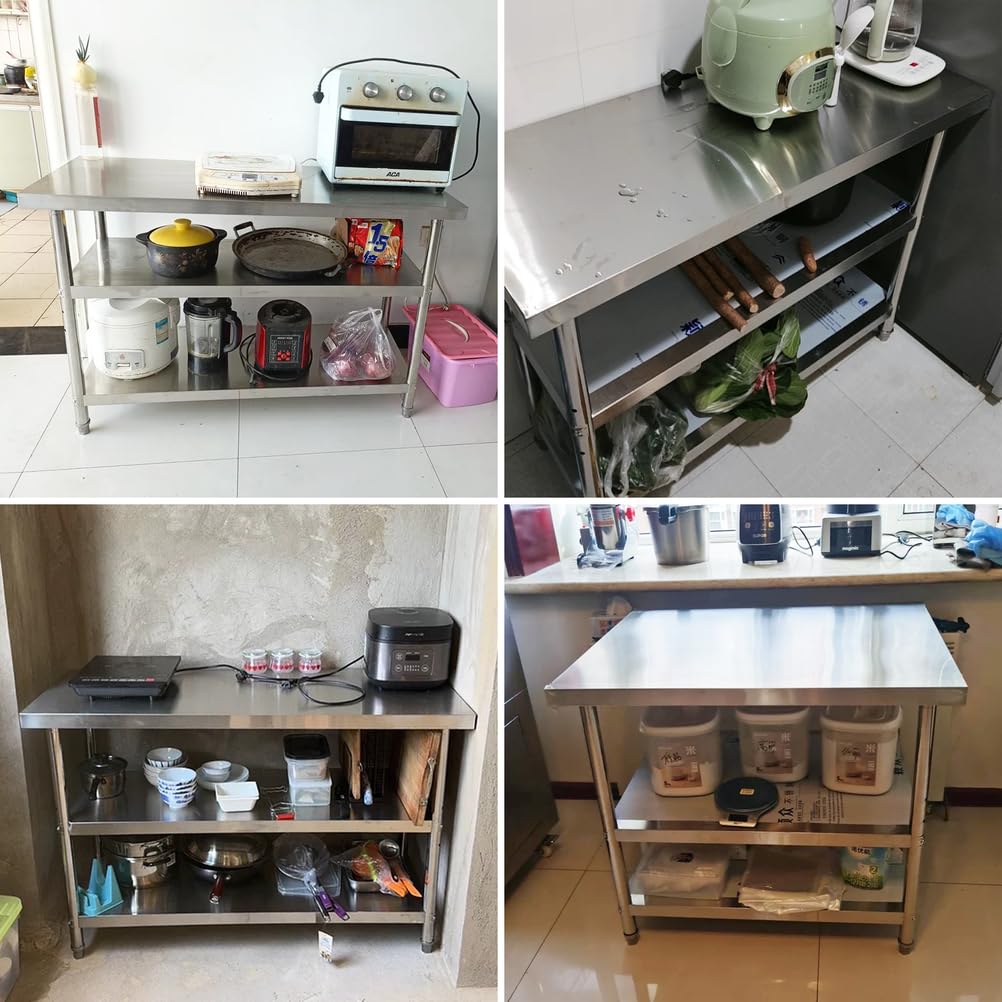 Komercyjny stół kuchenny ze stali nierdzewnej, wytrzymała, 2-poziomowa stacja robocza z półką do przechowywania, do restauracji, piekarni, baru, 120 x 50 x 80 cm, metalowa wyspa do przygotowywania