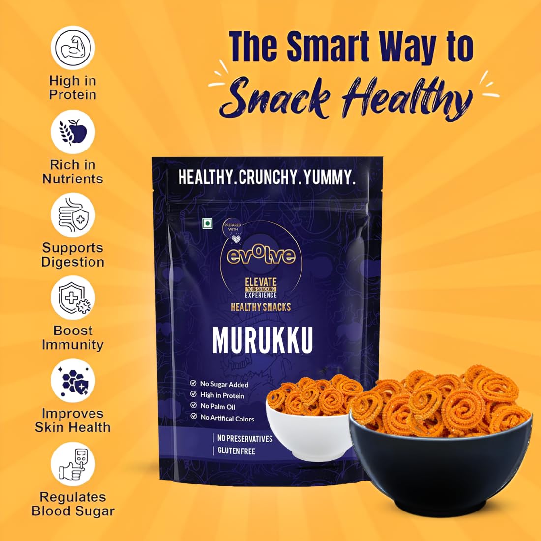 Evolve Murukku Chakli Snacks, Gluten Free, No Palm Oil, Fresh, Organic, Vacuum Fried | Crispy Guilt Free Tea and Evening Indian Snack - 100g Pack of 2