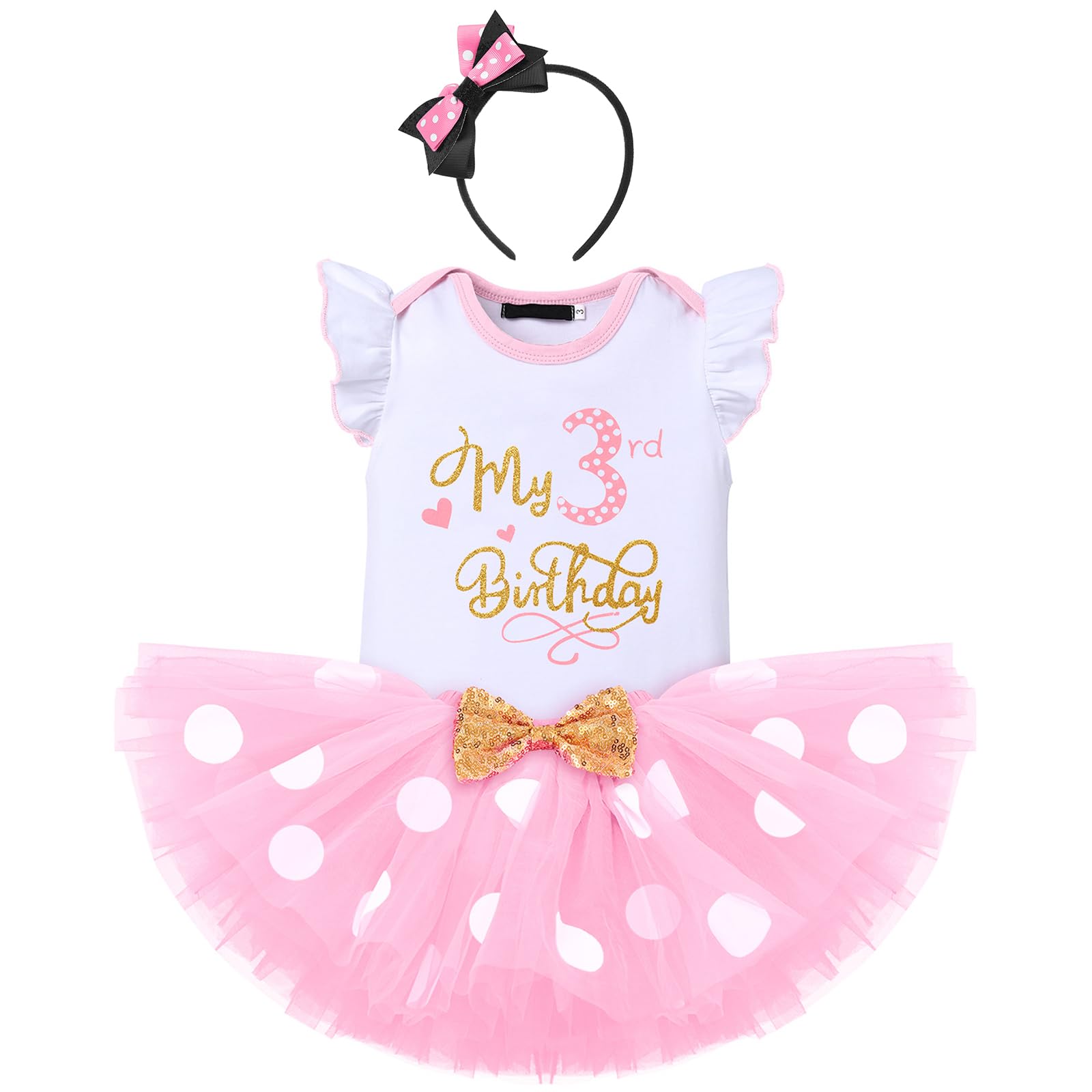 FYMNSI Conjunto de ropa para bebé niña 1/2/1/2/3 cumpleaños de algodón de manga corta + falda tutú con lunares + diadema para la oreja, juego de ropa de 3 piezas