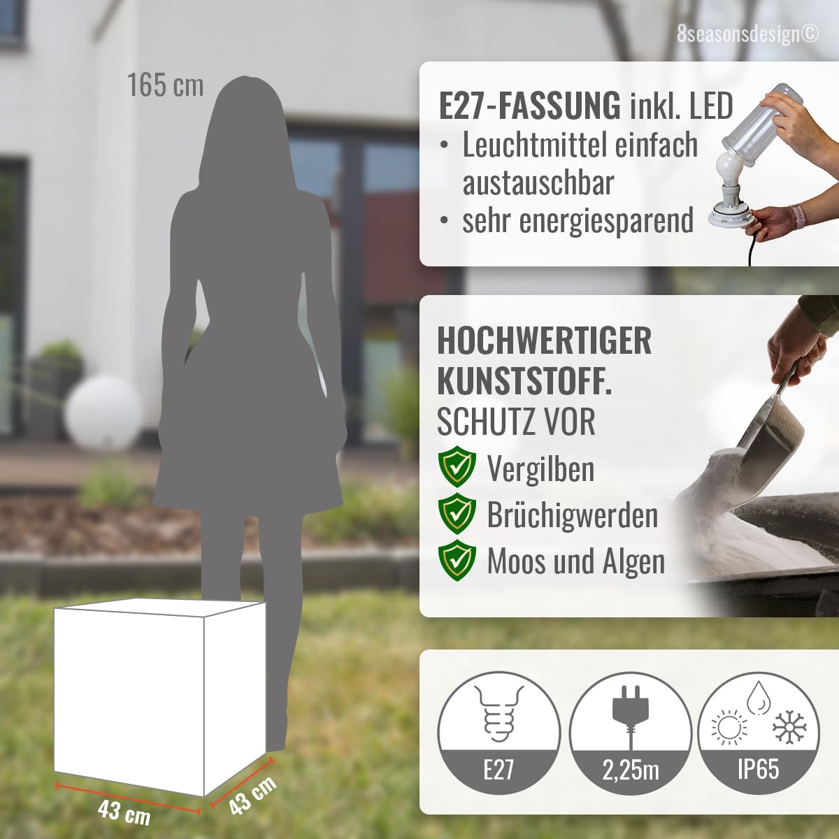 8 seasons design | Dekowürfel beleuchtet Shining Cube (E27, 43 cm groß, Indoor & Outdoor, UV-, regen- und frostfest, Gartenleuchte, Lichtwürfel, Würfelhocker, Deko Gartenparty) weiß