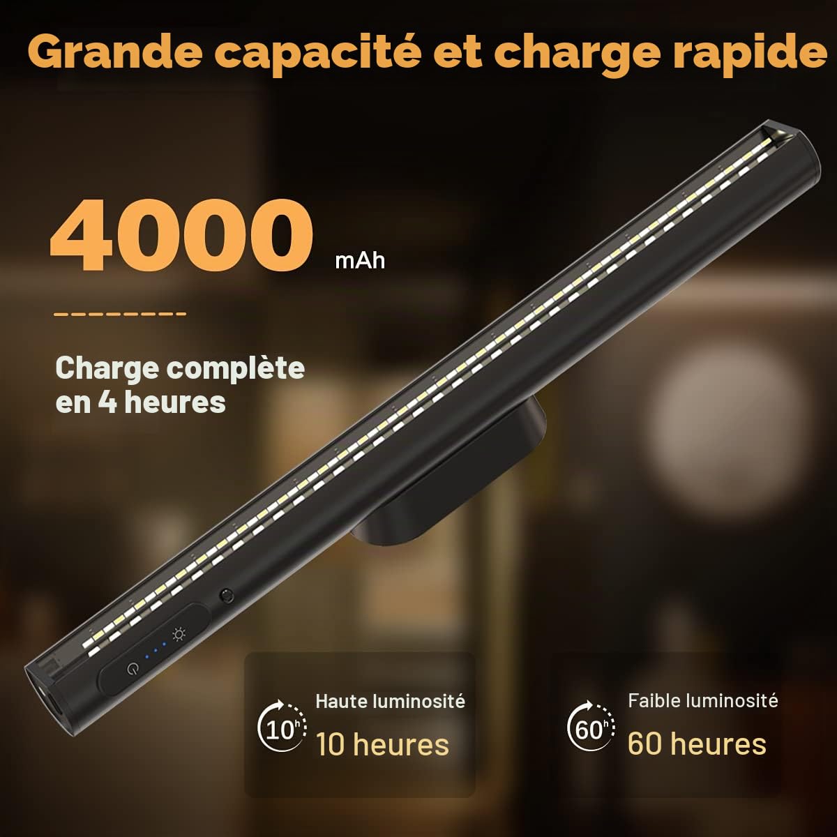 Hapfish Lampe de Bureau LED Sans Fil, 4000mAh Lumiere Rechargeable USB, Reglette LED Cuisine Magnétique avec Télécommande, Éclairage Murale pour Placard, Tableau, Miroir, Armoire, Bibliothèque