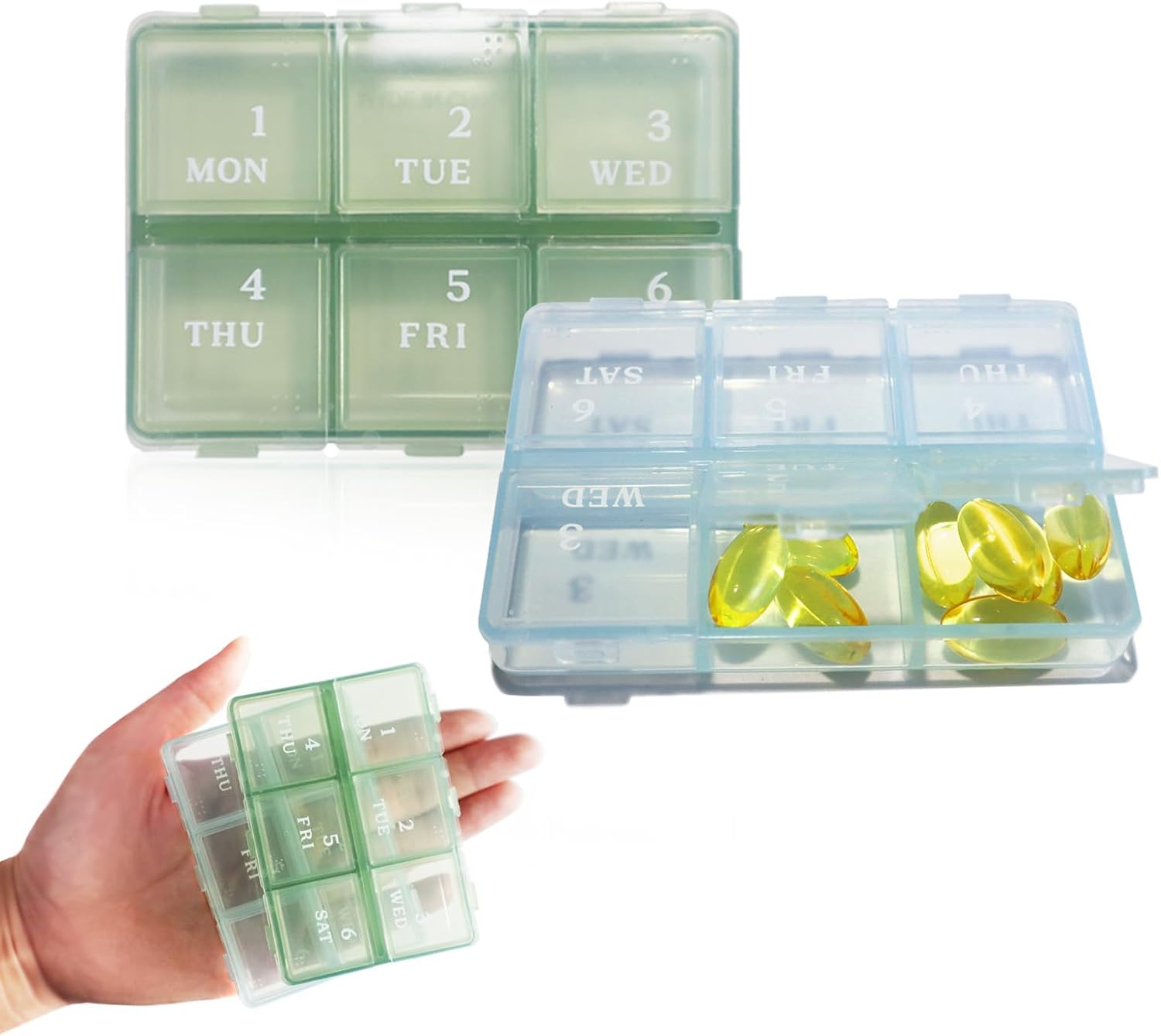 2 Pack Small Pill Case Daily Pill Organizer, Portable Pill Box for Pocket, Travel Medicine Organizer Medication Vitamin Storage Box Supplement Case-6 Compartment