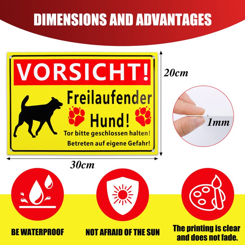 BETESSIN Vorsicht Freilaufende Hund Schild Warnschild Hund 30x20cm Hinweisschilder mit 5mm Bohrlöcher Schilder PVC Hart-Plastik Wetterfest & UV-beständig Schild Gelb