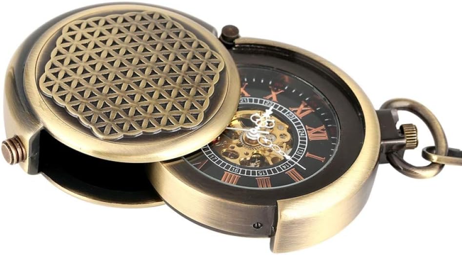OIFMKC Pocket Watch Retro Antique Hollow Cover Unique Double Turntable Capping Hand-Winding Mechanical Pocket Watch Men Steampunk Bronze 30cm Chain