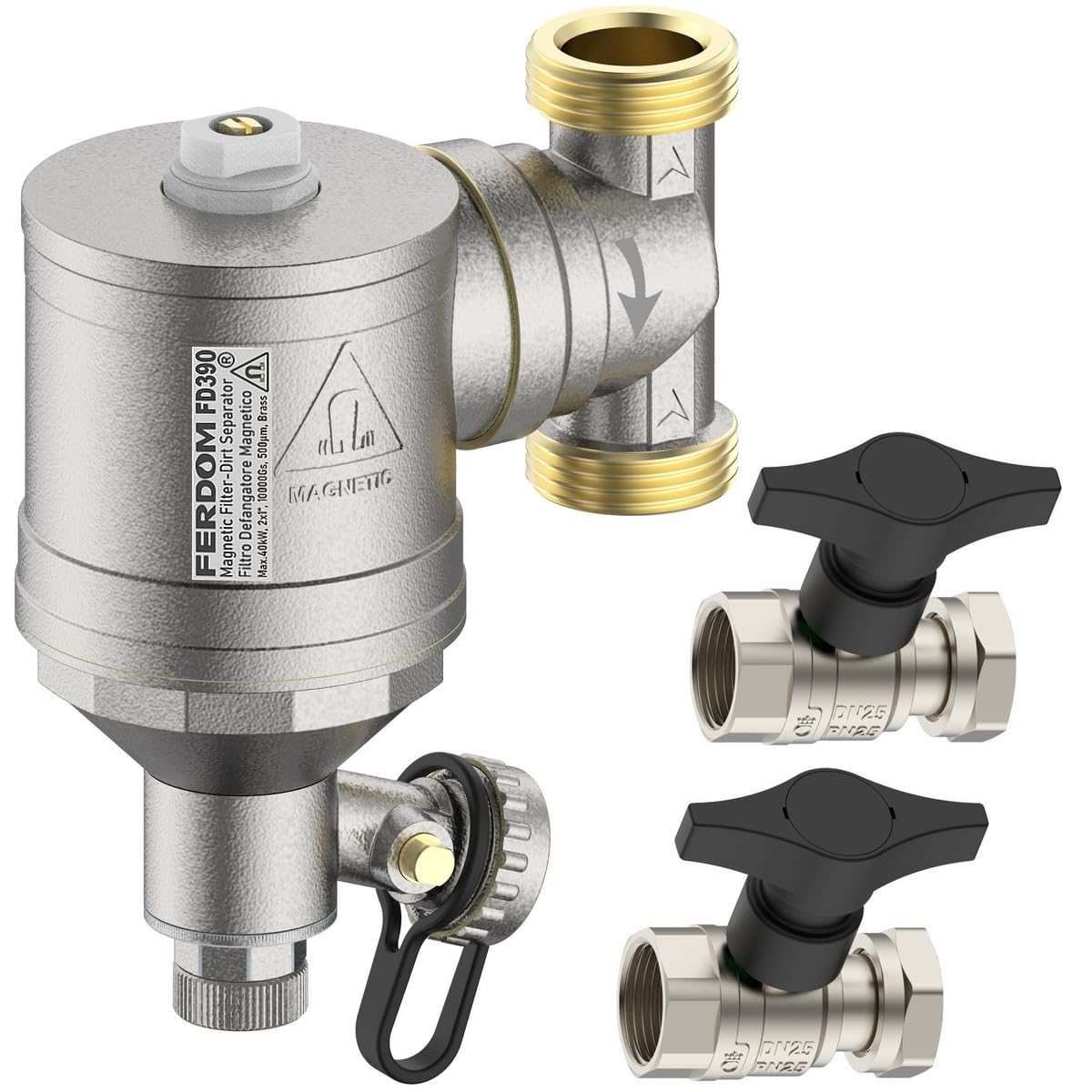 FERDOM "STRONG" FD392 1"/DN25 Filtro Magnético/Hidrociclón Para Sistemas De Calefacción etc. Imán 10000Gs. Con Separador De Partículas No Magnéticas 1000µm Inox. Max.40kW, Con.360 grados+2 Válvulas 1"