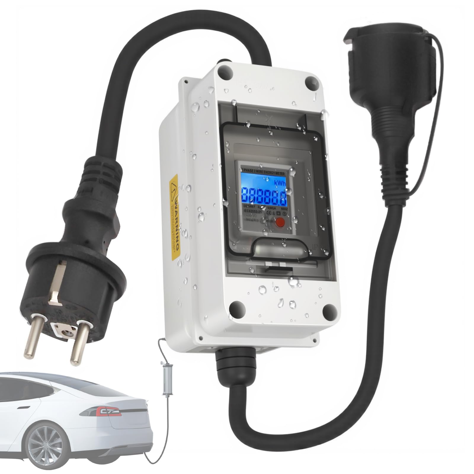 Contador Eléctrico Digital Móvil para Enchufe de 230V 16A, Impermeable IP65 Medidor Digital Portátil de Electricidad con Reinicio para Autocaravanas, VehíCulos Eléctricos, Hogares, Cable de 1 M