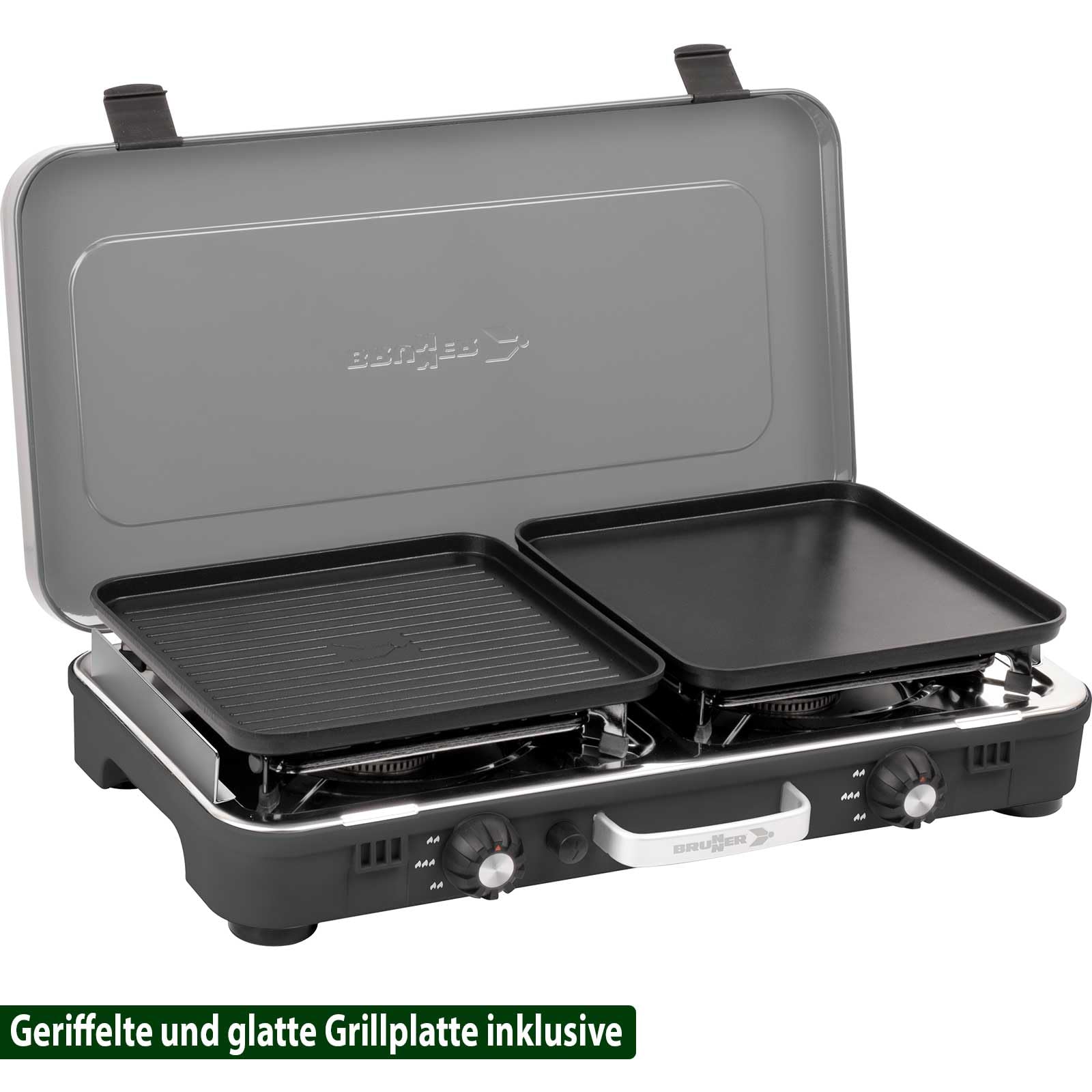 BRUNNER: 2-in-1 Tisch Camping-Kocher 2-flammig Edelstahl Gasgrill & Gaskocher - POWERKOOK 50mbar mit Grillplatten - mit Gasregler + Gaschlauch